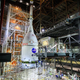 A view of the Orion capsule as it was being fitted to the top of SLS.